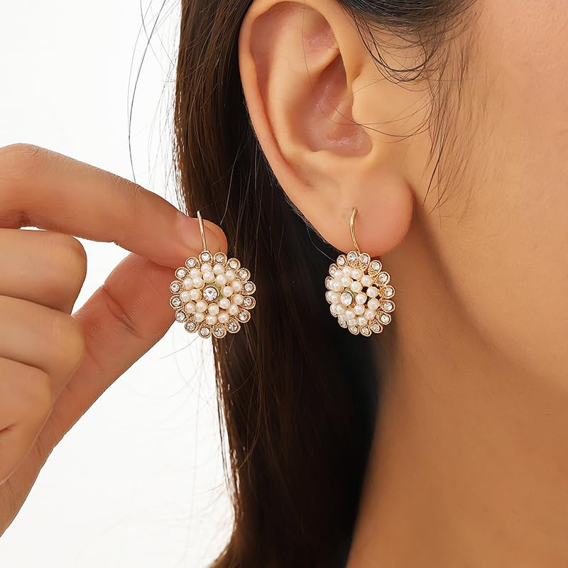 Unique Bohemian Vintage Sparkly Crystal Colorful Round Flower leverback earrings Boho Retro Bronze Circle Beaded Flower Floral Dangle Drop Earrings for Women - color: Gold 13