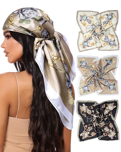 Mesovor 35” Square Head Scarf for Women, 3 Pack Like Silk Satin Headscarf Hair Neck Scarf Top Bandanas for Sleeping - color: Floral (Black/Camel/Beige)