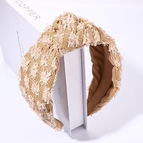 ZITULRY Knotted Raffia Headbands for Women Boho Straw Wicker Braid Wide Top Knot Hairband Statement Rattan Woven Pom Pom Hair Hoop Summer Beach Party Holiday Hair Accessories - color: Rattan
