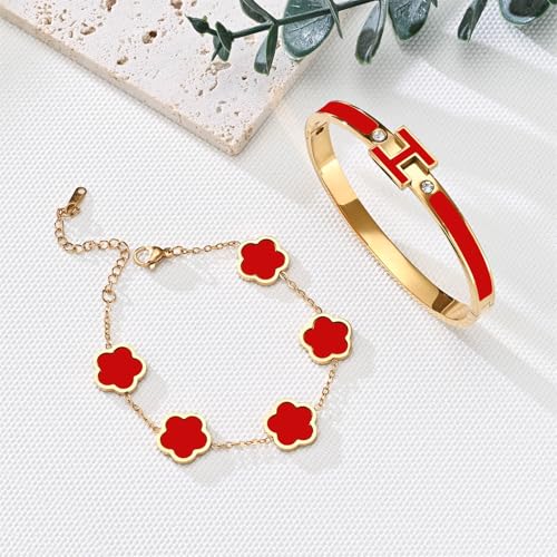 H Bangle & Clover Bracelet for Women - Stainless Steel Fashion Jewelry - 18K Gold Plated H Bangle and Lucky Five Leaf Clover Bracelet - Elegant Bracelets Set - Gift for Women - color: Gold-Red Set
