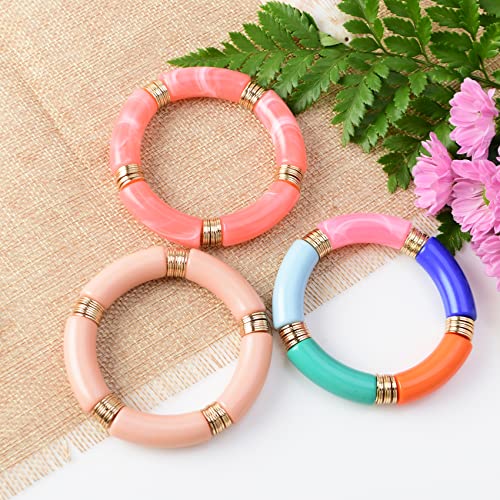 GOOJIDS Simple Beaded Gold Plated Bangles Bracelet Chunky Bamboo Tube Curved Stacking Clear Acrylic Colorful Beads Stretchable Gold Plated Bracelets Set For Women - color: S-Small size Beige&Pink 3PCS Set