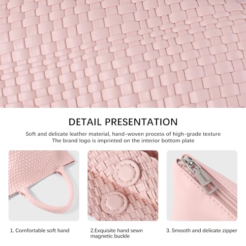 Woven Tote Bag Womens Purse Vegan Leather Shoulder Handbags Fashion Summer Beach Tote Bags Large Travel Totes - color: Pink