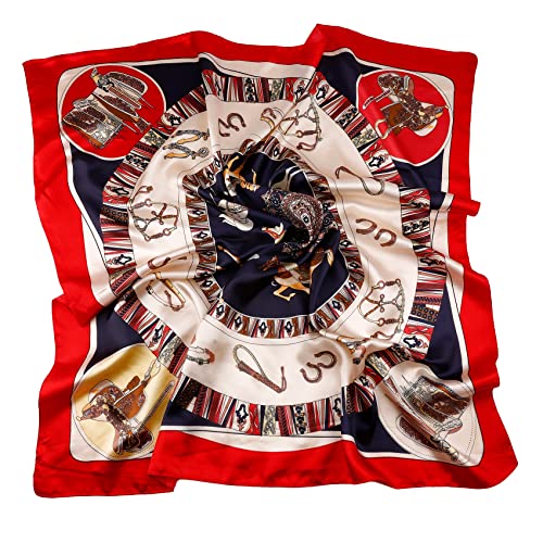 NZKNP Silk-Like Head Scarf - Women's Bandana Wraps - color: 27-red and Navy, size: 35"*35"