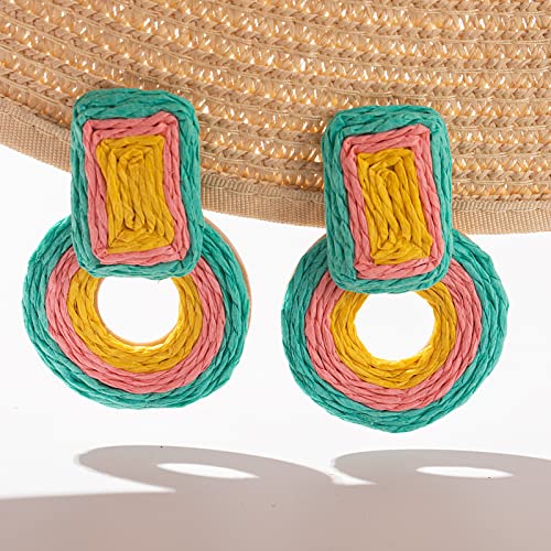 Statement Raffia Earrings Cute Boho Earrings Rattan Dangle Earrings Handmade Straw Wrap Earrings Summer Drop Dangling Earrings for Women Teen Girls - color: Teal/Pink/Yellow