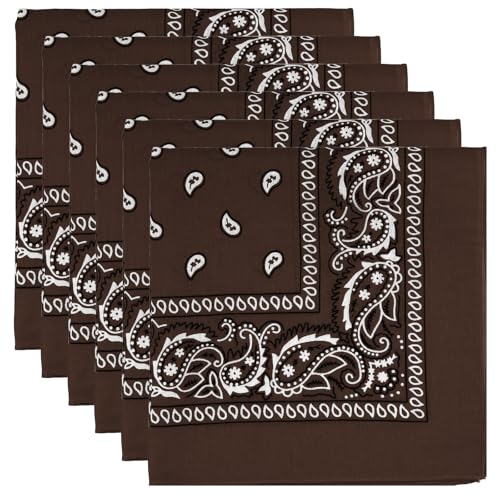 6 Pack Pure Cotton Bandana, Multi-Purpose Square Handkerchief, Face Mask headband for Men and Women - color: Brown