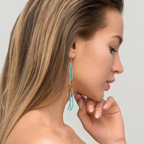 Native Long Beaded Tassel Earrings for Women, Boho Handmade Colorful Beads Statement Dangle Earing Prom Jewelry Gift. - color: Turquoise