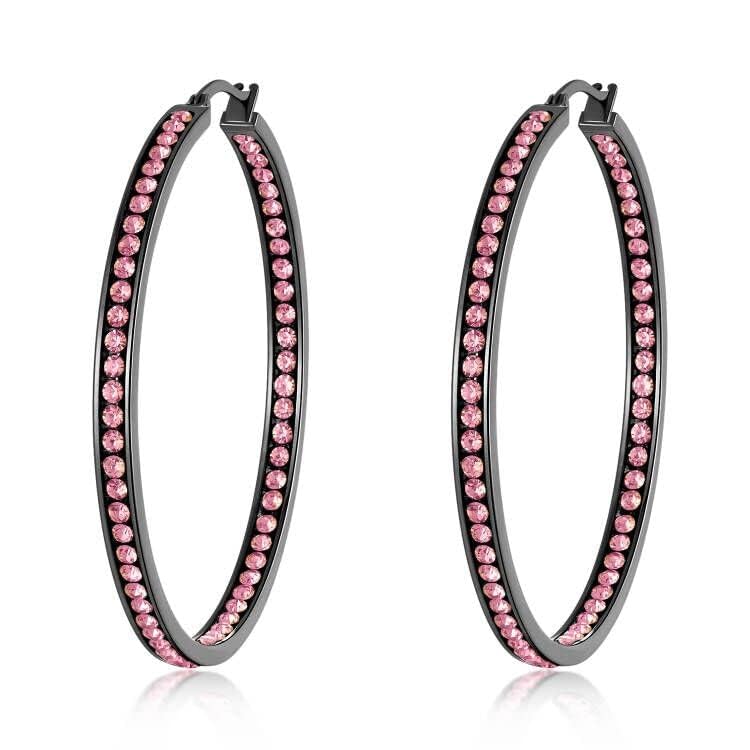 CiNily Mult-colors Crystal Stainless Steel Hoop Earring for Women Hypoallergenic Jewelry for Sensitive Ears Large Big Hoop Earrings 2" - color: Black&Pink