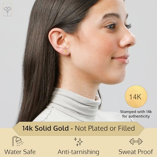 14k Gold Small Script Initial Letter Stud Earrings for Women | Anti Tarnishing 5mm 14k Gold Studs | A-Z Alphabet Earrings with Gift Box by MAX + STONE - style: B | Yellow Gold