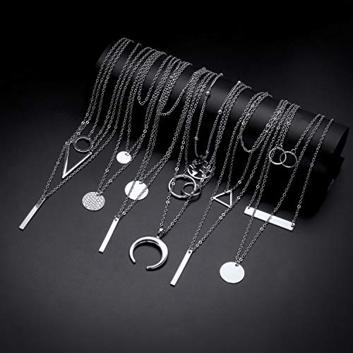 6 Pieces Layered Necklaces For Women Long Necklaces Gold Choker Necklaces Map Coin Bar Crescent Moon Necklace Layered Y Pendant Necklace Multilayer - color: sliver