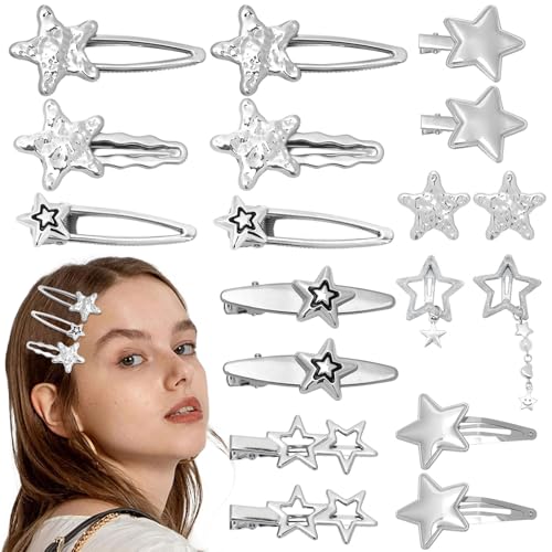 Canitor Y2k Star Hair Clips Cute Kawaii Metal Punk Snap Clips Barrettes for Women Teen Girl Silver Goth Emo 2000s Grunge Rave Kpop Fashion Hair Accessories for Concert Outfit (silver 18pcs) - color: silver 18pcs
