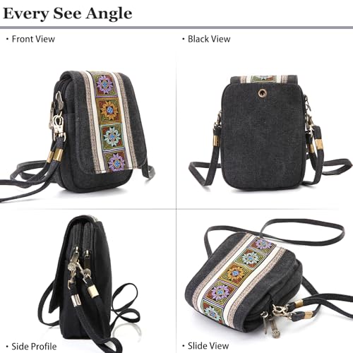 Goodhan Embroidery Canvas Crossbody Bag Cell phone Pouch Coin Purse for Women - color: Deep Grey