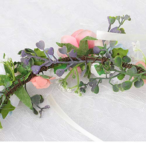 Vivivalue Bridal Floral Headband Rose Flower Crown Hair Wreath Floral Headpiece Halo Boho with Ribbon Wedding Party Photos - color: 52