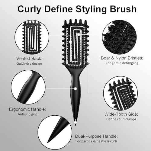 Curly Hair Brush, Curl Defining Brush with Soft Boar Bristles Detangling Tangled Glides, Wide-Teeth Design Effortlessly Shaping & Defining Curls (Matte Black) - color: Matte Black