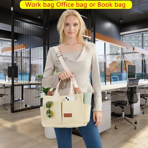 ZHMO Canvas Tote Bag for Women,Women's Bags Crossbody Bags Work Laptop Tote Bag Large Handbags Purse for Travel Nurse Teacher - color: New Upgrade Beige With Compartments and Side Cup Holders