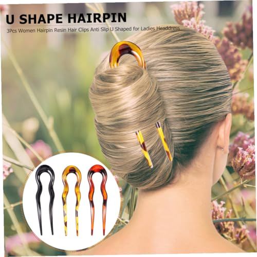 Artibetter 3pcs U Shape Hair Forks Vintage Resin Hairpins Leopard Print Double Prong Hair Clips for Women Bridal Updo