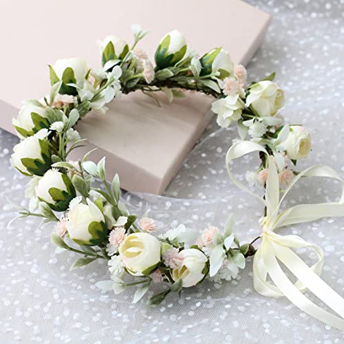 Vivivalue Wedding Floral Crown Rose Flower Headband Hair Wreath Floral Headpiece Halo Boho with Ribbon Party Prom Photos - color: W