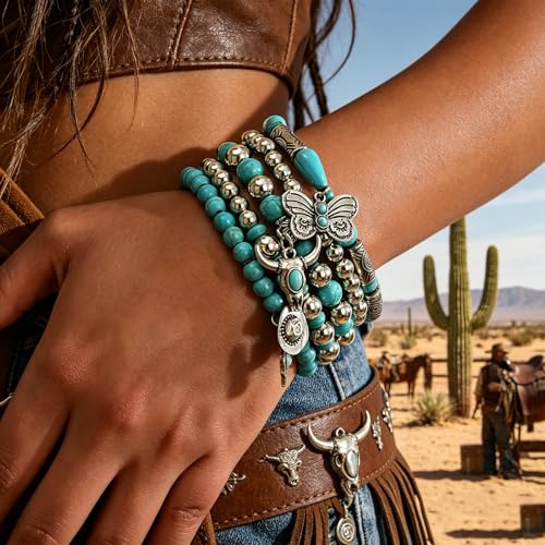 Western Outfit for Women Bohemian Vintage Stackable Turquoise Bracelet Rustic Beaded Cow Head Charm Stretch Bracelet Western Jewelry Country Concert Outfits for Women - style: Style3