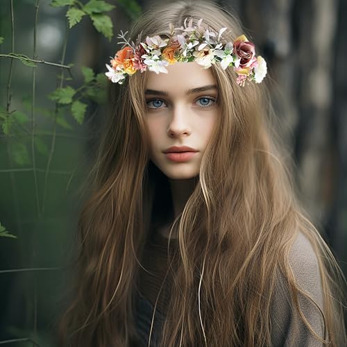 Vivivalue Fairy Flower Crown Woodland Headband Elf Floral Headpiece for Women Forest Even Circlet Halloween Renaissance Wedding Bridal Cosplay Prom Photo Props Beige - color: 7