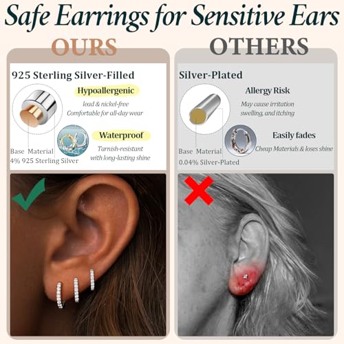 Poxtex Small Sterling Silver Huggie Hoop Earrings Set for Women, Hypoallergenic 14K Gold Plated Hoops Stacks for Multiple Piercings, Dainty Cute Mini Lightweight Cartilage Studs Trendy Jewelry Gift - color: Silver-cz hoops 8 10 12