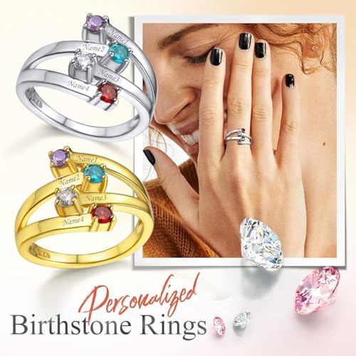 Custom4U Personalized 1-4 Birthstone Rings for Women Promise Rings for Her Sterling Silver Mothers Ring Customized Cubic Zirconia Stones Wedding/Valentine's Day/Mother's Day Jewelry Gift for Mom Wife - color: B-4 Names-Silver