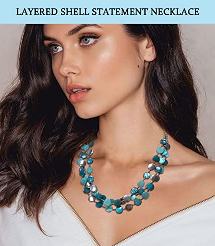 Noessla Layered Beaded Chunky Necklace for Women Boho Two-color Shell Statement Necklace Fashion Collar Costume Jewelry Gifts for Mum - color: Sea green