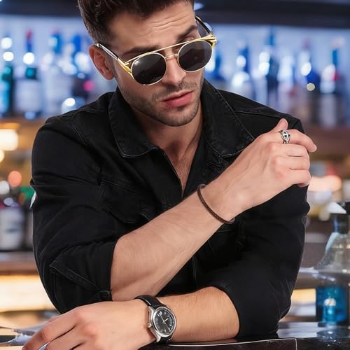 Men's Leather Bracelet, Stackable Stainless Steel Clasp Bracelets for Men Stylish Birthday, Thanksgiving, Valentine's Day Gift for My Man - style: 8.2" Round-tube Reflective Brown Leather