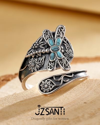 Turquoise Jewelry for Women - Sterling Silver Turquoise Rings Vintage Adjustable Sunflower Dragonfly Butterfly Spoon Ring Victorian Style Boho Antique Flower Thumb Statement Rings Jewelry Gifts for Women - color: Turquoise & Dragonfly