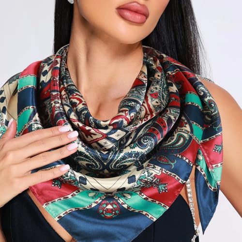 Head Scarf for Women Hair - 2 Pack 35" Square Satin Scarf, Silk Hair Scarf for Women Head Wrap for Sleeping - color: Navy Blue & Red