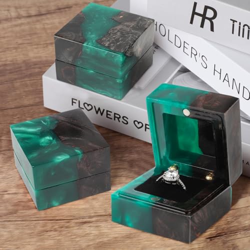 Wedding Ring Box, Engagement Ring Box with Single Slot Handcrafted Stabilized Wood and Resin Jewelry Box for Proposal Wedding Ceremony, Jewelry Organizer Elegant and Retro Ring Holder Box(Green) - color: Black