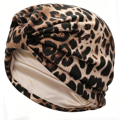 Women's Turban Head Wrap Cancer Chemo Beanies Cap Headwear Cap Bonnet Hair Loss Hat for Sleeping - color: Leopard-khaki