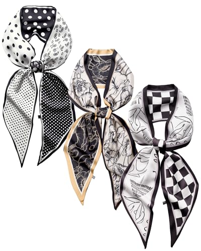 Raylarnia 3 Pack Satin Purse Bag Scarf for Women 59”Long Silky Scarves for Neck,Hair,Head,Handbag,Fashion Gift Set - color: Black White (Paisley Polka Dots/Lotus Flower/Checkered)