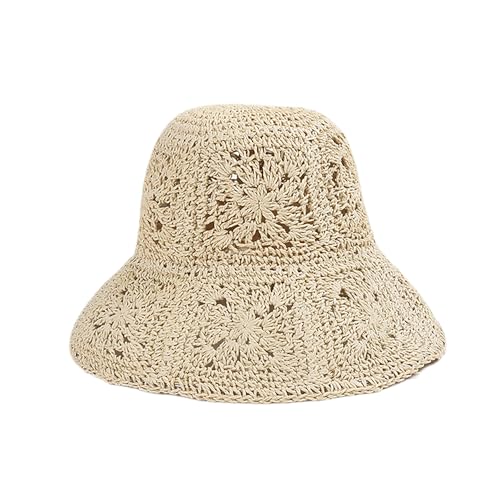 Women Straw Sun Hat Floral Woven Crochet Bucket Hat Y2k Aesthetic Accessories Beach Hat Hand Woven Boho Foldable Cap - color: Beige