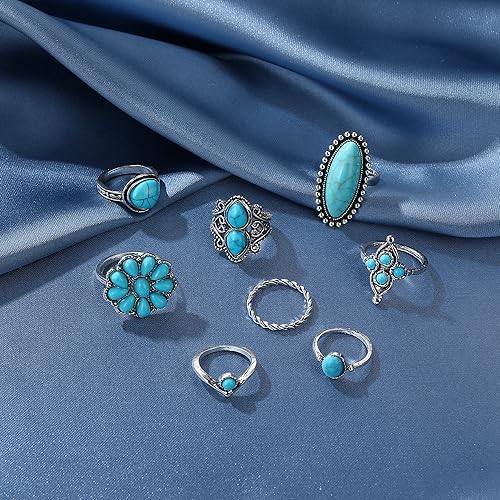 Bohemian Turquoise Ring for Women Stackable Vintage Chunky Boho Turquoise Ring Set Dainty Open Gemstone Knuckle Midi Finger Rings Western Statement Rings Jewelry - style: eight ring