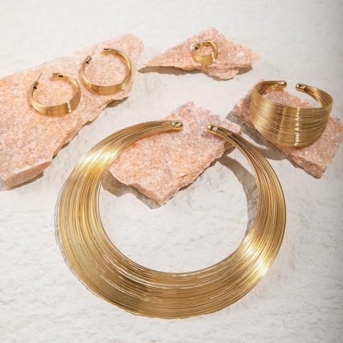 Gold Jewelry Set Chunky Gold Necklace Earring Set for Women Boho Oval Acrylic Earring Necklace Western Adjustable Choker Necklaces Bohemian Jewelry Set For Women - color: Gold B