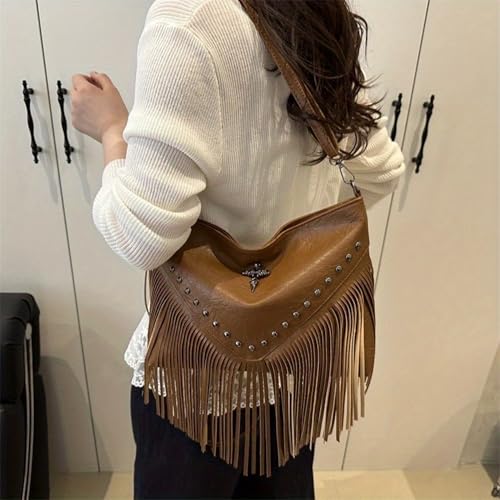 1PC Women's Fringe Rivet Crossbody Bag - Adjustable Strap Deep Brown Edgy Bag