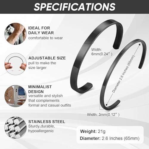 MEALGUET Stainless Steel Mens Cuff Bracelet : Minimal Cool Silver/Black/Gold Plated Open Metal Cuff Bangle Bracelets for Men,Mens Bracelet Jewelry Gift - color: Black-2-Pack, size: Medium( fit 5.5"-7.2" wrist)