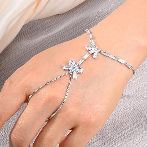 Adjustable Hand Chain Bracelet Women, 16K Gold Plated Finger Bracelet, Secure Ball Clasp Elegant Slave Hand Jewelry, Y2K Aesthetic Accessories for Summer Festival Prom Beach Vacation Daily Wear - color: style1-16K silver-plated