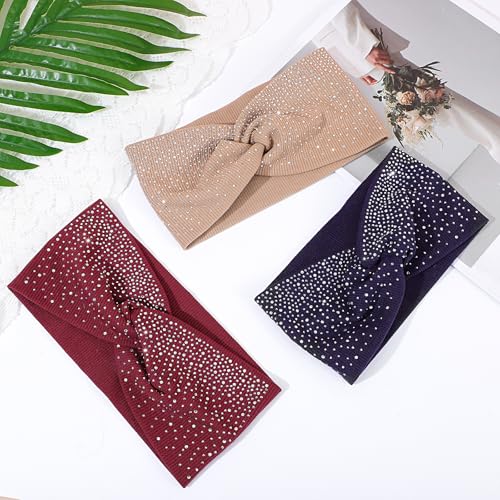 Sliverdew Rhinestone Headbands for Women, 3 Pcs Sparkly Crystal Wide Headbands Bling Fancy Sparkle Head Scarf Turban Stretchy Hair Bands Elastic African Head Wraps for Black Women - color: Burgundy & Khaki & Navy