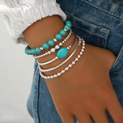 Long tiantian Western Turquoise Beaded Bracelet Set for Women Stackable Cowgirl Bracelets Boho Concho Jewelry Country Concert Rodeo Outfit Accessories Gifts - color: C1:Western Bracelets