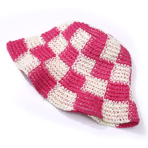 Sun Hats Checkerboard Straw Bucket Hat for Women Packable Crochet Wide Brim Floppy Beach Hats Traveling Summer Accessories - color: Hot Pink