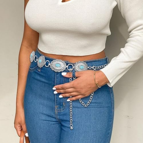 Concho Chain Belt for Women, Premium Body Waist Belly Belt for Concerts, Festivals, Cosplay, Daily Wear - color: Turquoise