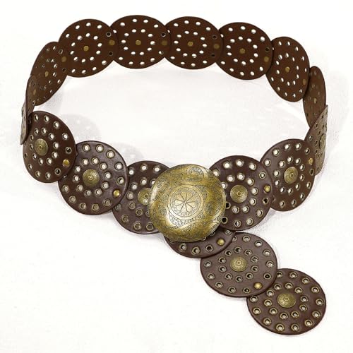 Wide Disc Belt for Women Vintage Leather Hollow Out Round Belt Western Waist Belt - color: Copper Coffee, size: M (47.2 in)