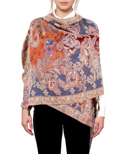 Achillea Elegant Paisley Floral Pashmina Shawl and Wrap – Boho Rave Scarf for Festival, Travel & Everyday Wear - color: Navy Rust