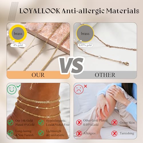 LOYALLOOK Ankle Bracelets for Women Waterproof, 14K Gold Plated Cuban Figaro Link Chain Beaded Anklets Set, Dainty Layered Anklets for Women Non Tarnish Summer Beach Foot Jewelry Adjustable Size - color: 6Pcs Anklets-14K Gold