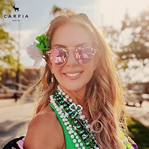CARFIA Double Bridge Small Acetate Sunglasses for Women Polarized, Retro Metal Brow Ladies Sunnies Fashion Round Eyewears - color: 6. Pink White Tortoise Frame Pink Mirrored