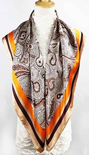 vabovin Satin Head Scarf for Women Silk Like Hair Scarf, 35 x 35 in | Silk Feel Fabric, Hair Wrap for Sleeping, Headscarf and Neck Scarf, Square Bandana Style, Fashion Accessory - color: 104 Orange Paisley Pattern