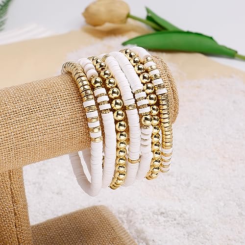 Elegance 11 designs Heishi Beaded Bracelets For Women Polymer Clay Colorful Surfer Stackable Beads Boho Bracelet Summer Beach Jewelry - color: White