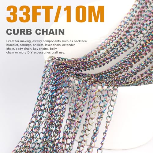 33FT Colorful Stainless Steel Curb Chains Roll, 2.5mm 304 Stainless Steel Multi Color Flat Twisted Links Curb Chains Bulk Spool for Jewelry Making DIY Craft - color: Colorful, size: 2.5mm width