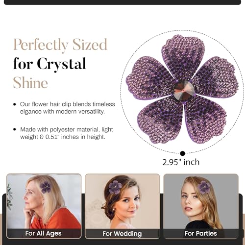 2.9 Inches Created Crystal Hibiscus Hawaiian Flower Hair Clips for Women | Boho Braids Artificial Flower Clips for Hair - color: Purple