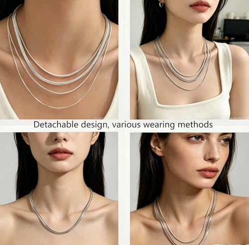 ARSIS 18K Gold Plated Herringbone Necklace Snake Chain Choker Dainty Layered Hypoallergenic Jewelry Gift for Women - color: Silver Multi-Layer